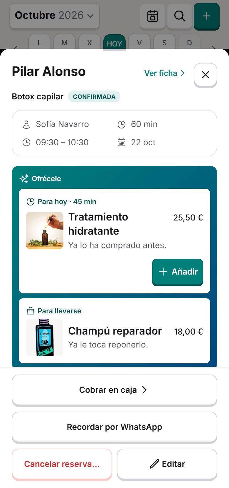 Ficha de una reserva en el móvil con lo que Nitidy propone ofrecer al cliente: un servicio para hoy y algo para llevarse