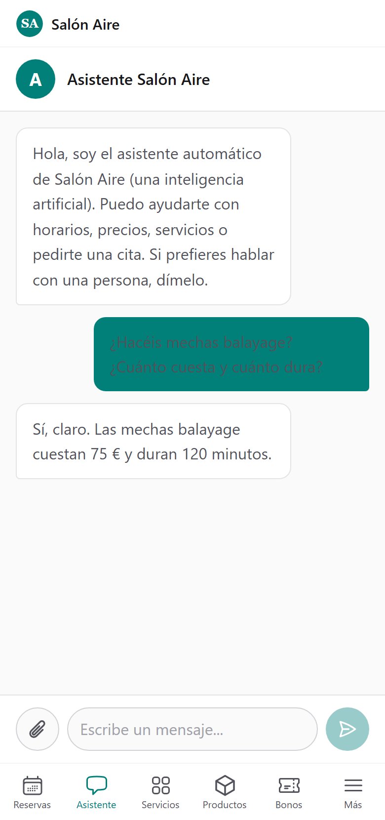 Conversación real con el asistente de IA del negocio